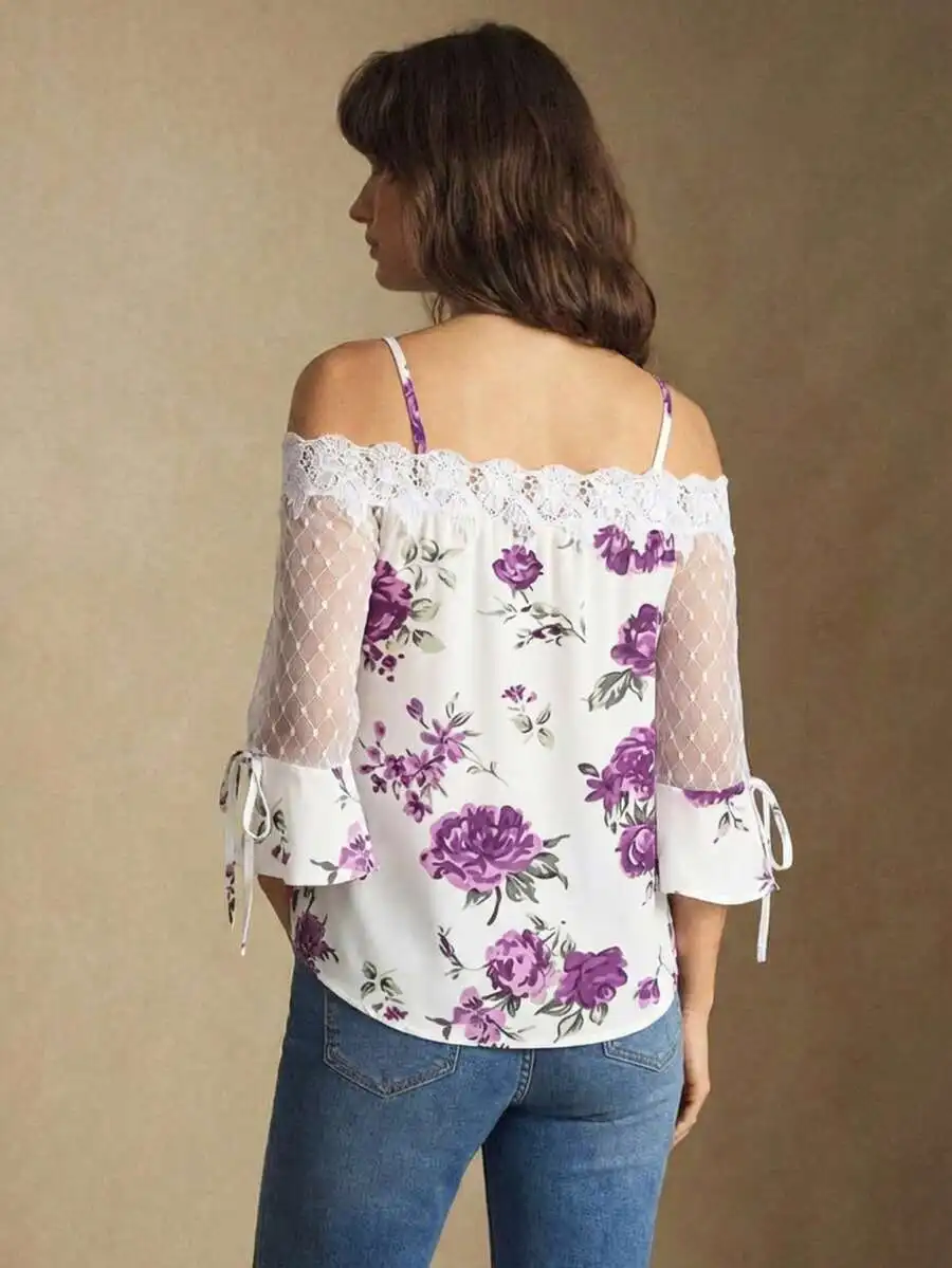 

Purple Floral Print Off Shoulder Blouse With Lace Panel And Mesh Sleeves Bow Cuff