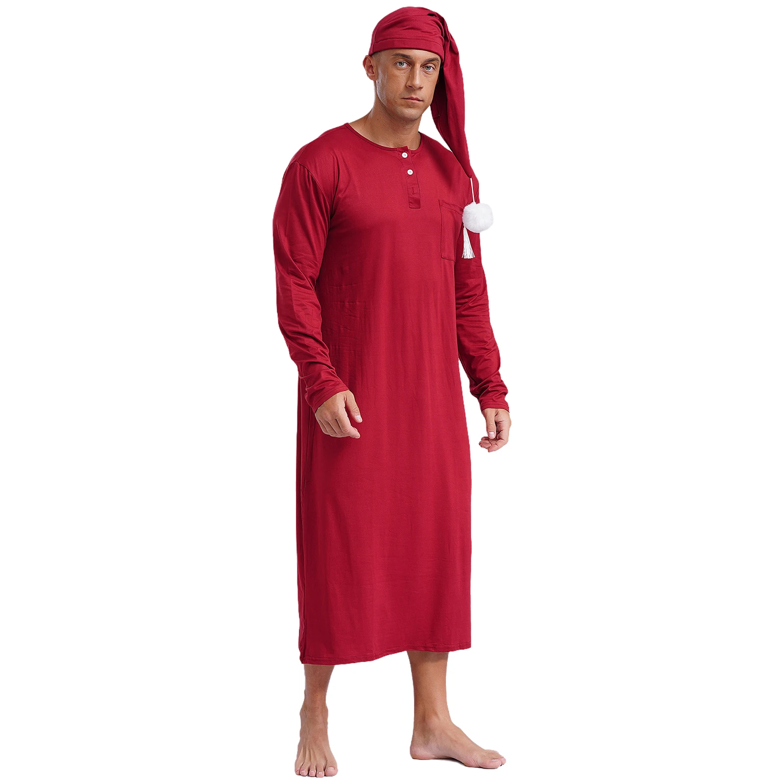 Mens Robe Sleepwear Loose Sleep Wear Sissy Nightwear Long Sleeve Long Robe Pajamas Pointed Hat with Pom-pom Sleep Robe with Hat