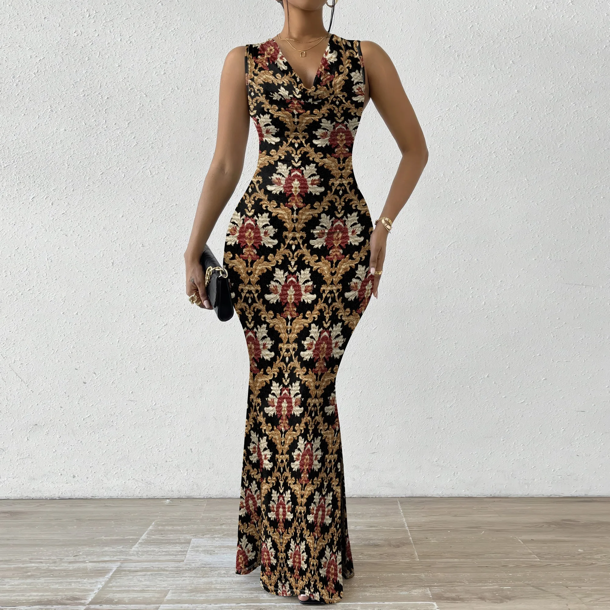 

Elegant Floral Baroque Print Maxi Dress Women's Sleeveless V-Neck Bodycon Dress - XS-2XL Chic Casual or Evening Wear