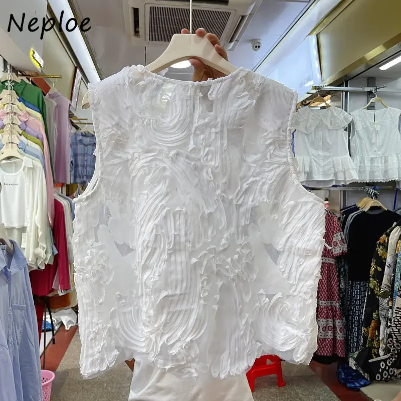 Neploe 2024 New Sleeveless Chic Ladies Tops Painting Folds Elegant Vintage Blusa Solid Loose Tank Blouses Summer Fashion Mujer