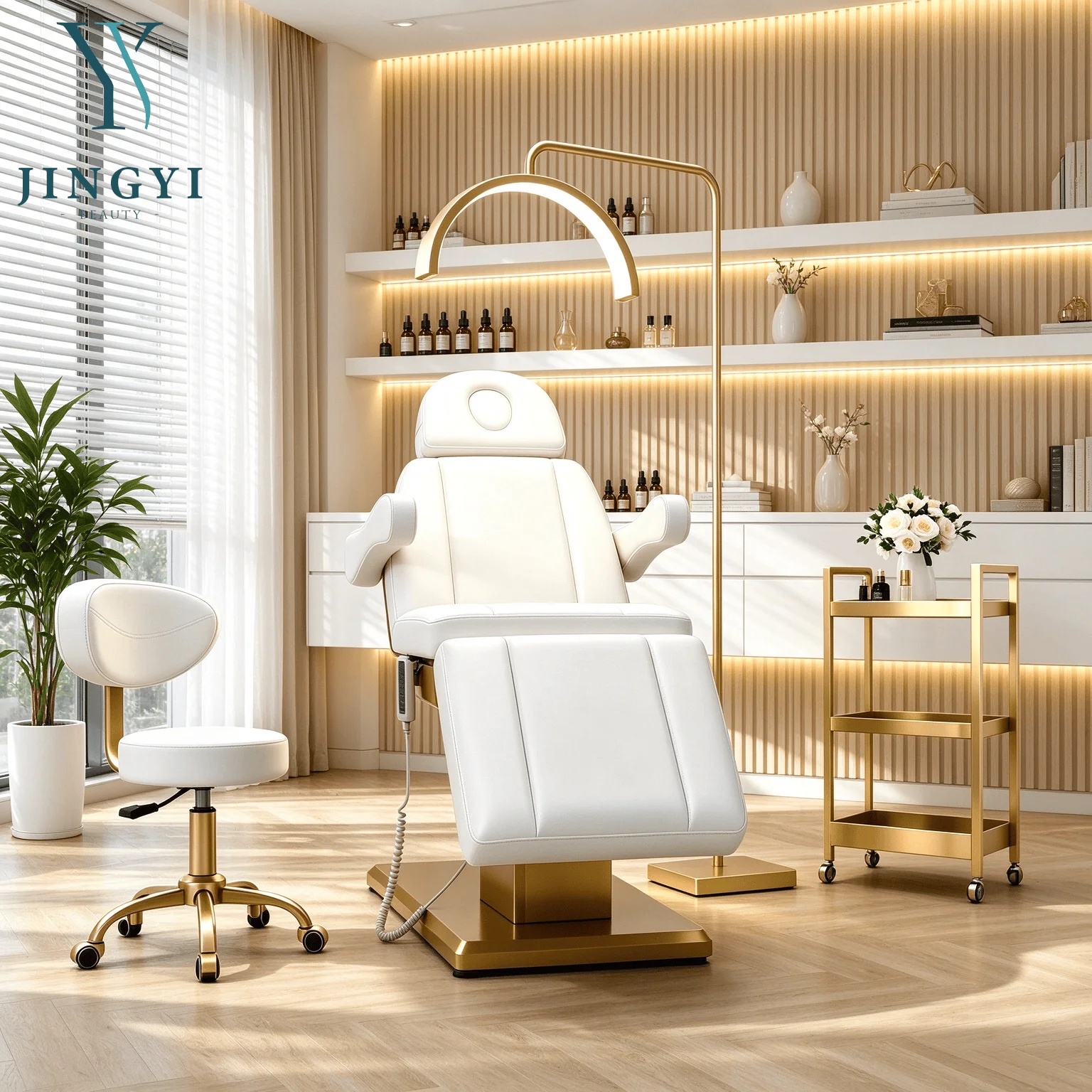 Factory Custom Electric Beauty Bed Adjustable Salon Beauty Facial Spa Bed Recliner Gold Stainless Steel Lash Chair Bed 3 Motors