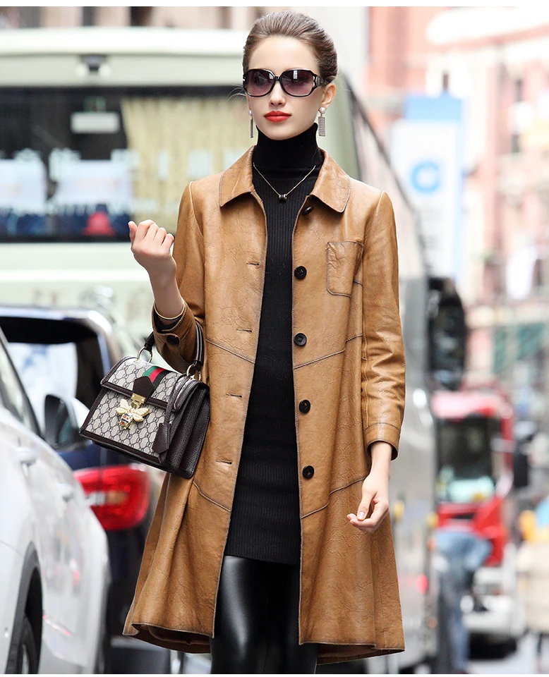 

2023 Genuine Leather Jacket Women Spring Autumn 100% Natural Sheepskin Coat Female Vintage Long Women's Windbreaker 619094 KJ584