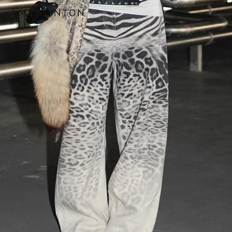 

Vintage Design Leopard Print Women's Jeans Autumn Winter Wide Leg Loose Stripe Print Sweet Cool Y2K Floor-Length Pants Ladies