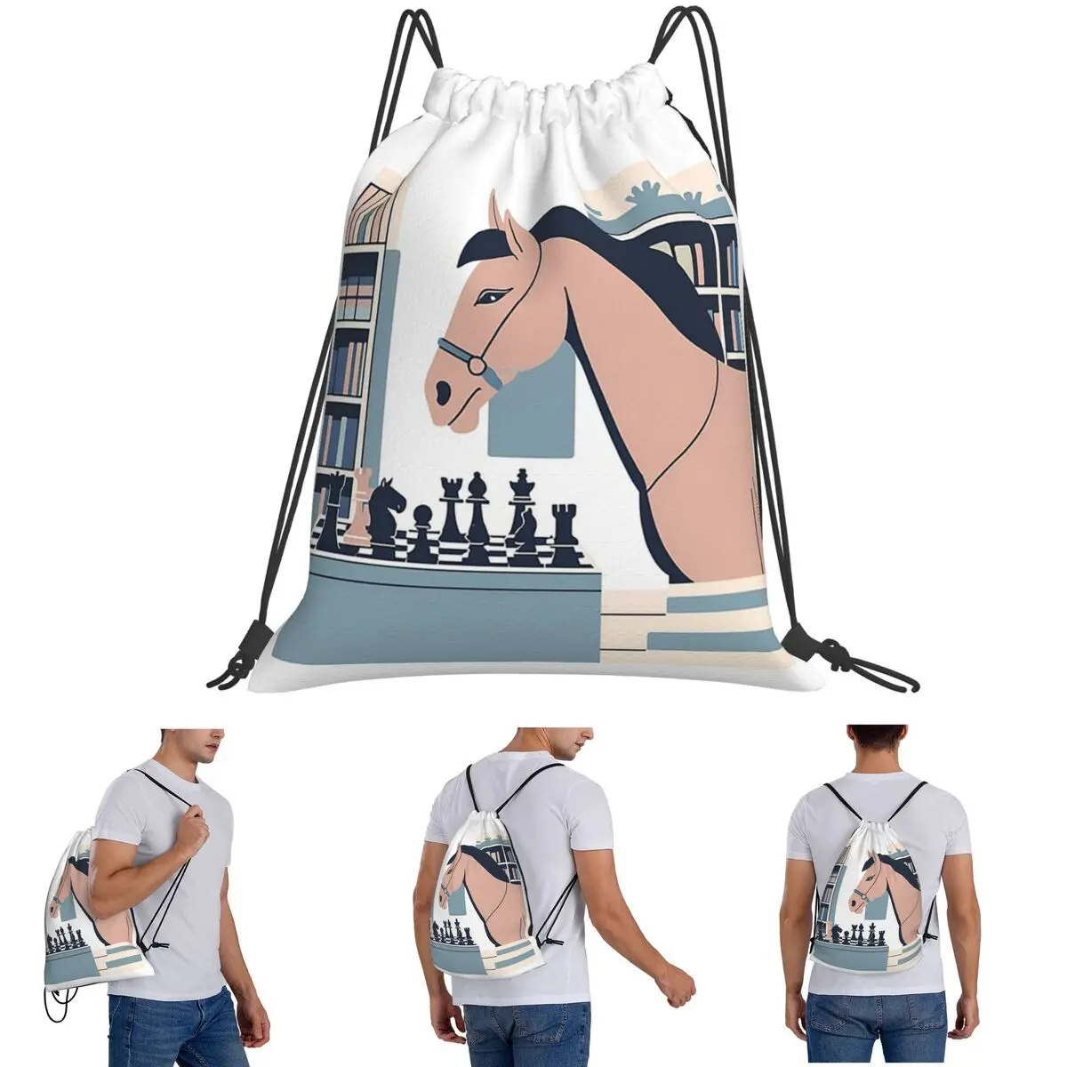 Chess & Horse Backpacks Multi-function Drawstring Bags Storage Bag Book Bags for Man Woman School