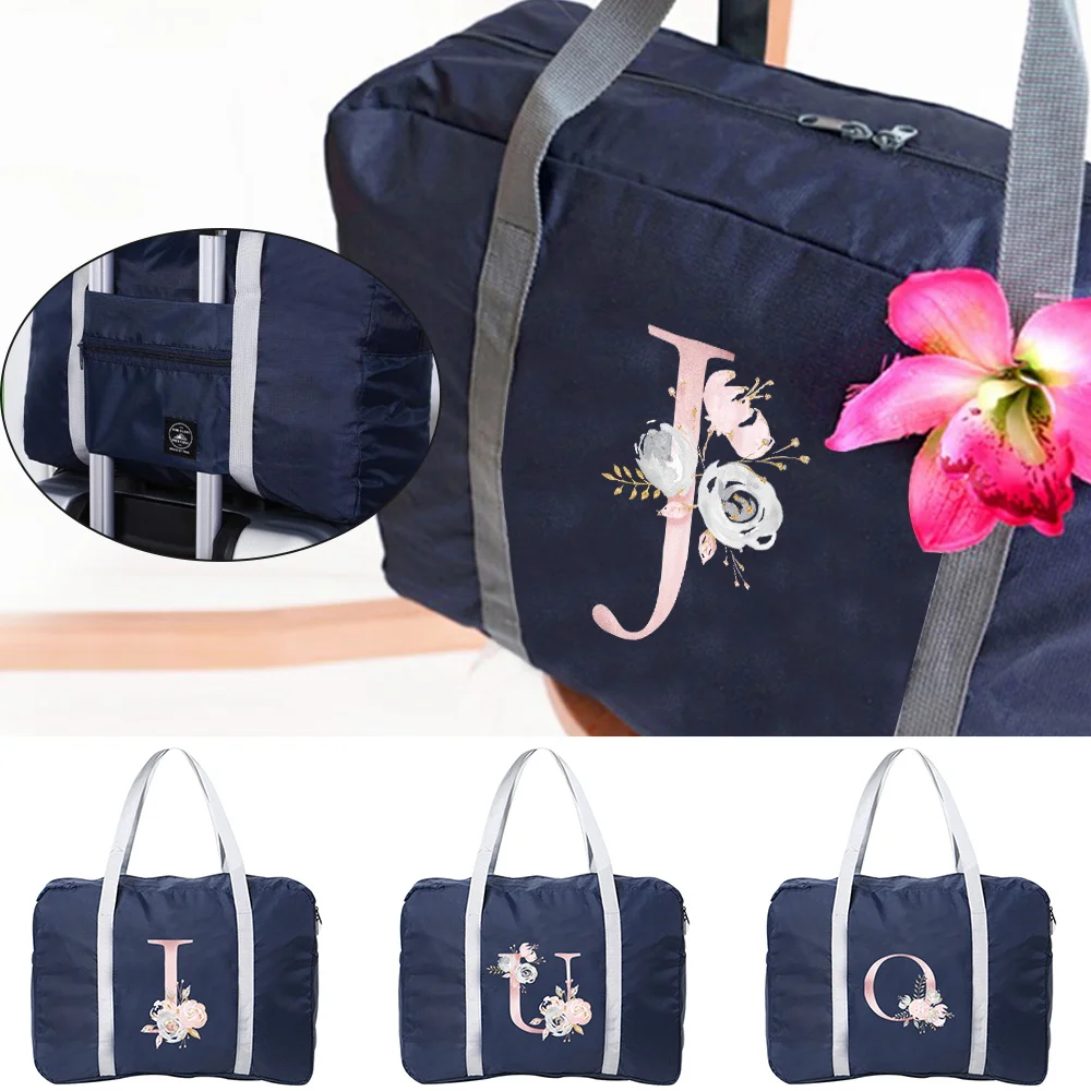 Large Capacity Travel Bag Organizers Foldable Luggage Handbags Clothes Storage Duffle Carry on Bags Pink Flower Letter Series