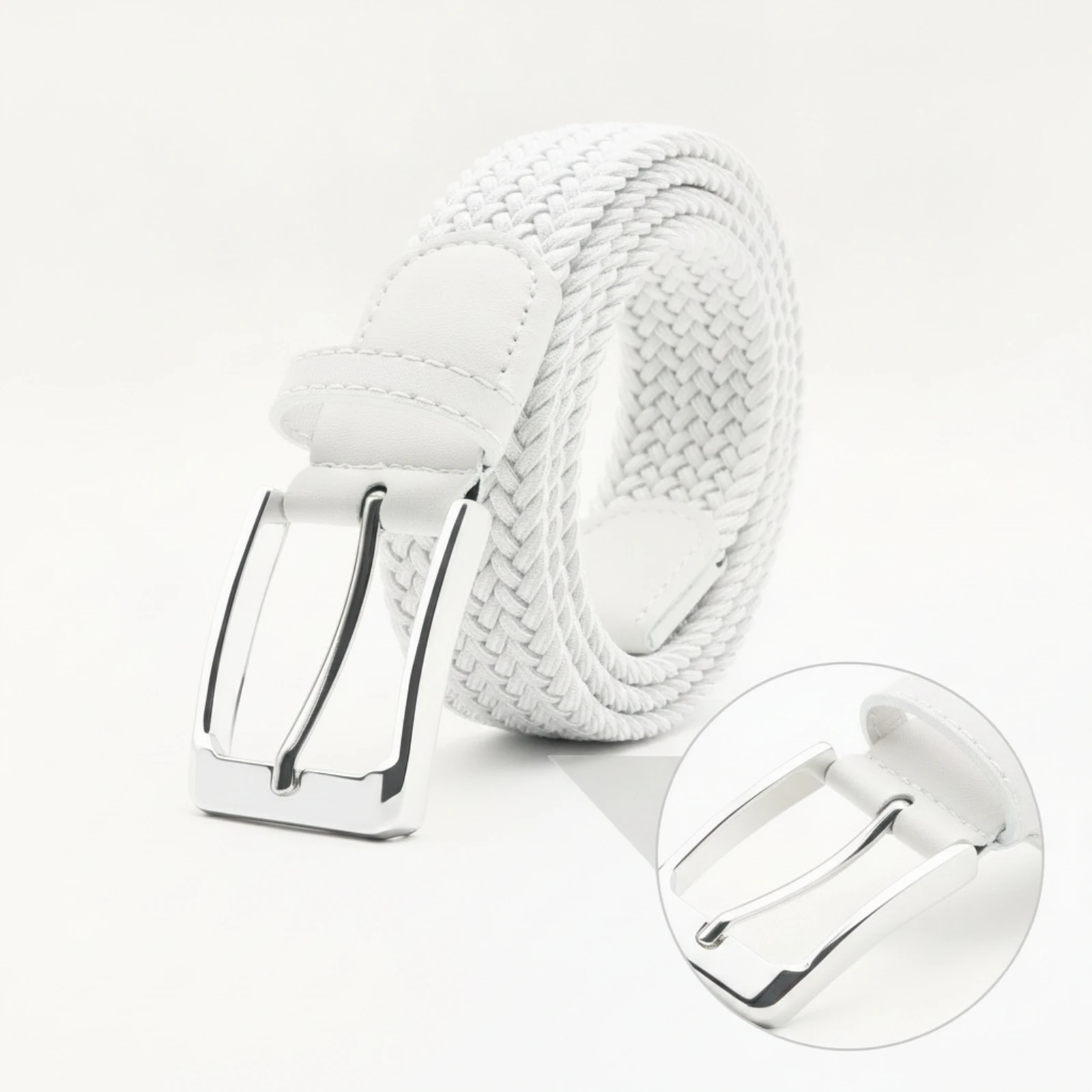 Braided Elastic Belt with Leather Trim Stretchy Stretch Belt with Metal Buckle Waist Strap Lightweight Breathable for Men