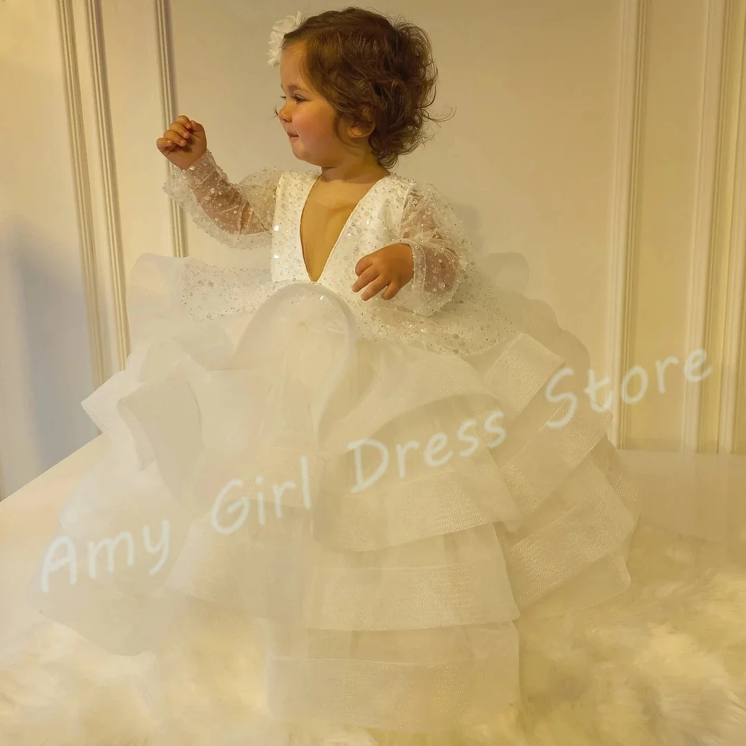 Customized Ivory Flower Girl Dress For Wedding Tulle Layered Sequins Cute Toddler Photo Shoot Birthday First Communion Ball Gown