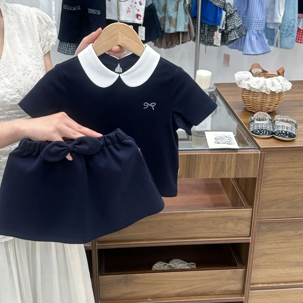 2026 New Girls 2PCS Outfit, Sweet Bow Doll Collar Short Sleeve Matching Suit for Kids for 80-140cm