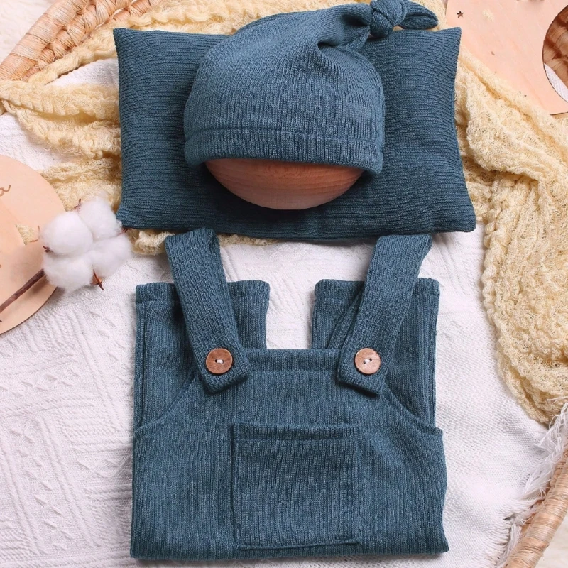 

Newborns Photography Outfit Including Buttoned Overalls Pillow and Knotted Hat Set for 0-1 Month Baby Photoshoots