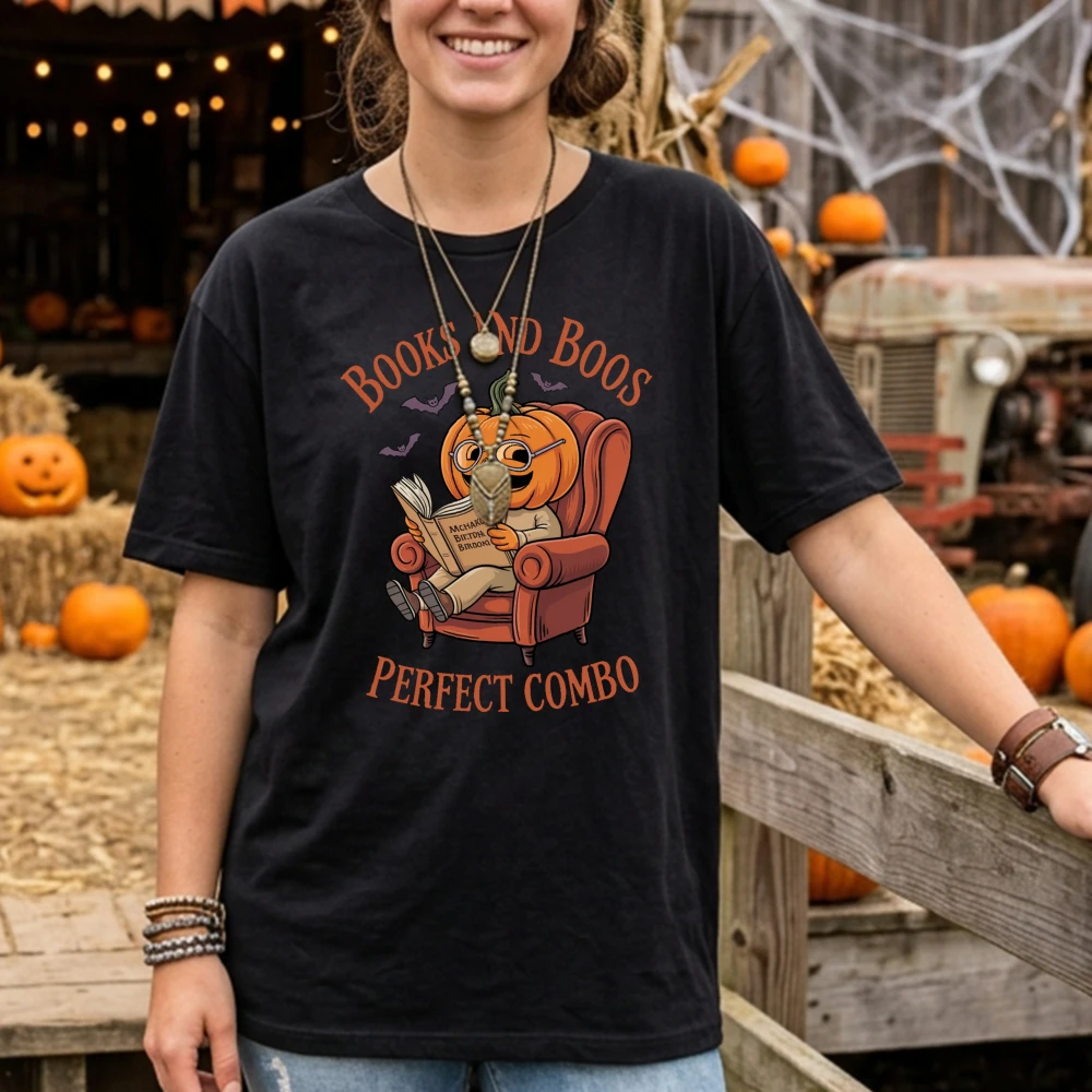 Books and Boos Perfect Combo T Shirt Cotton Pumpkin Reading Graphic Tee Men Women Halloween Bat Fall Spooky Season Casual Top