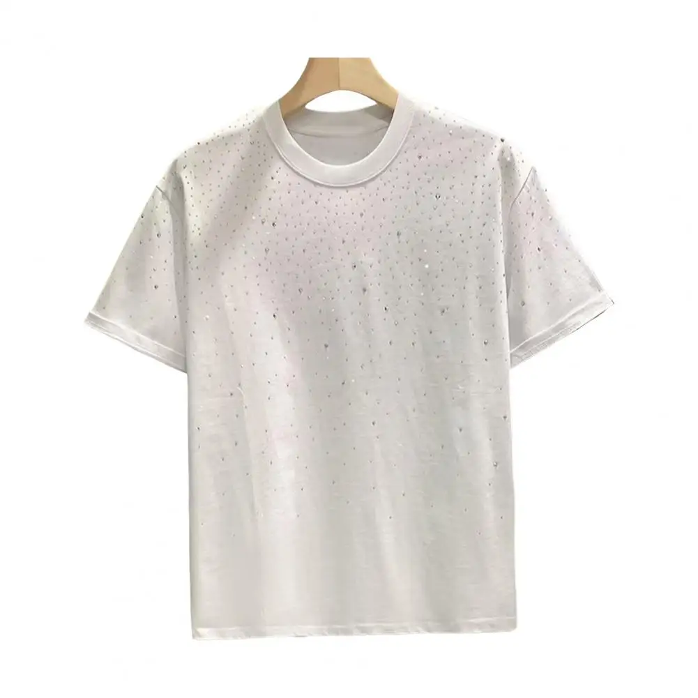 Men Top Rhinestone Decor Couple T-shirts for Summer Unisex Tops with Short Sleeves Loose camisas de hombre