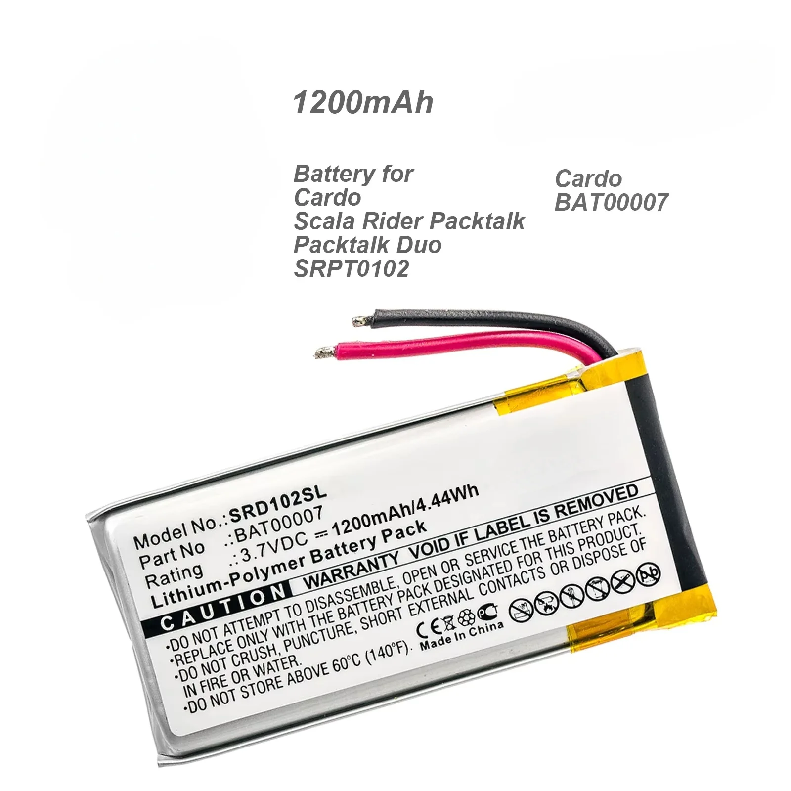 1200mAh Replacement Battery Compatible with Cardo Scala Rider Packtalk Duo BAT00007SRPT0102 Wireless Headset