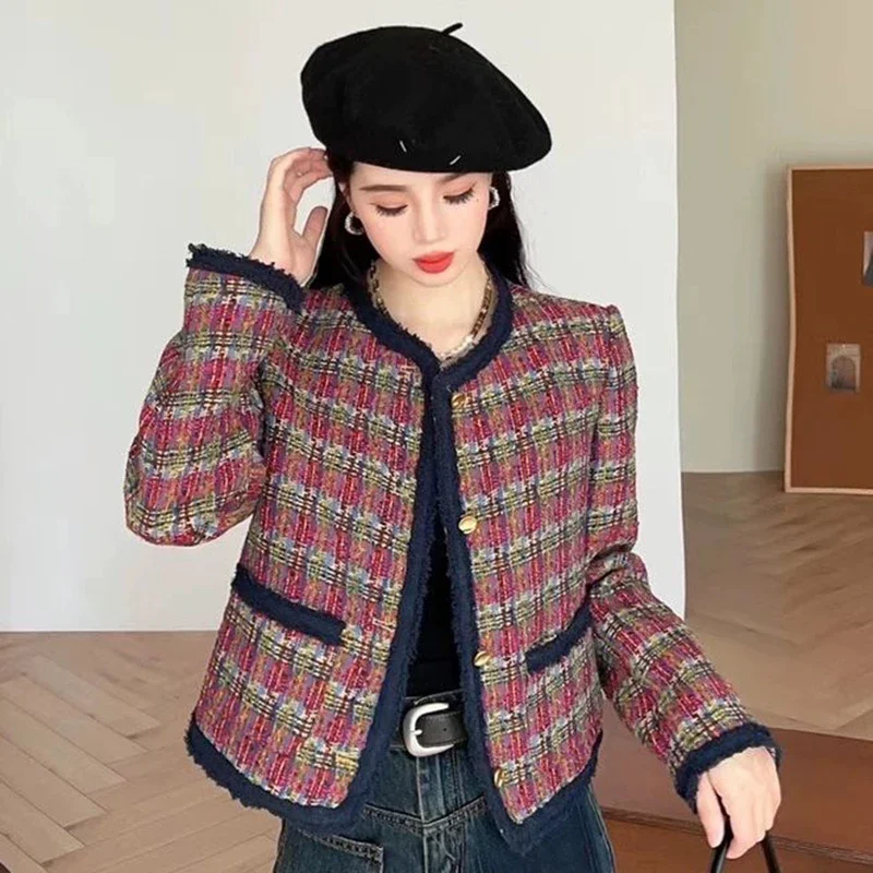 

Coat Autumn Edition 2024 Korean Edition Fashion Contrast Knitted Checkered Top Women's Wear coat women