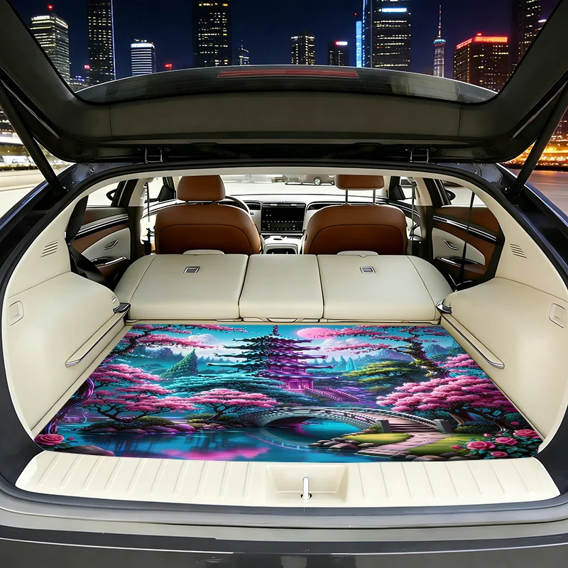 A Single Dreamy Cherry Blossom Trunk Mat Featuring A Vibrant Landscape Design, Easy To Maintain, Compatible With Both Suvs And S