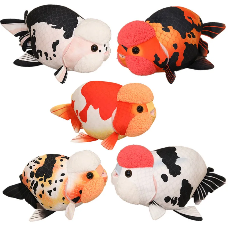 Hot Groothandel Levensechte Vis Pluche Knuffel Goudvis Grote Hoofd Zacht Kussen voor Zoo Park Souvenir Mooie Lan Shou Animal Plushie