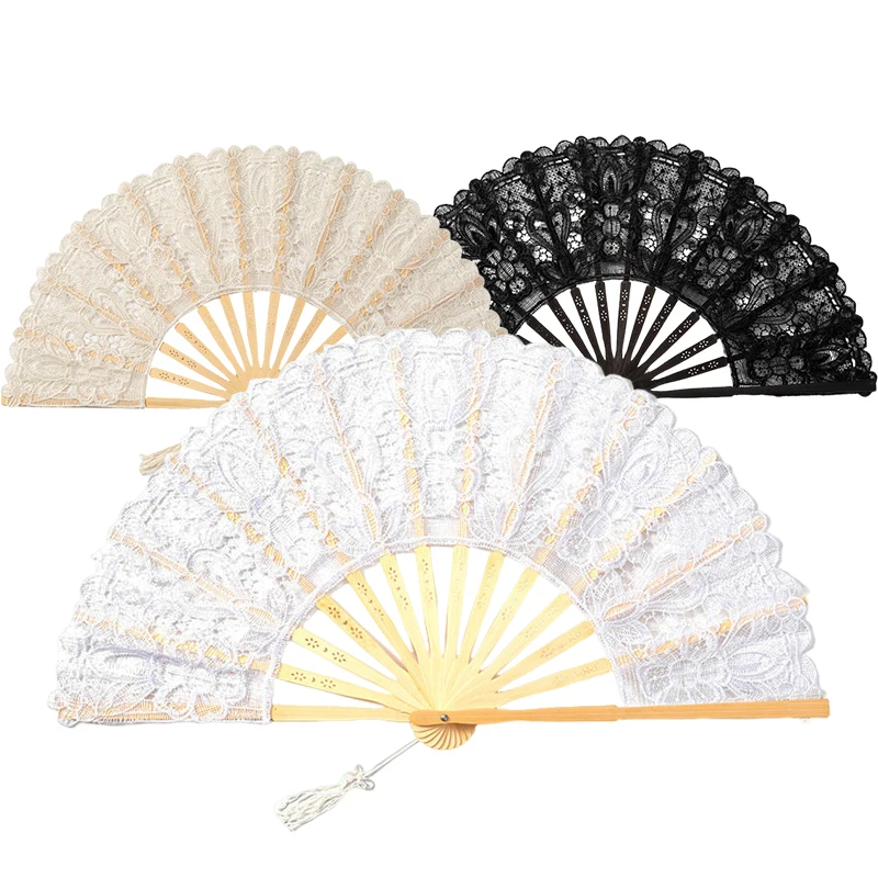 Hollow Lace Hand Fan for Wedding Party Lace Dance Decor Folding Hand Held Fans DIY Handmade Photo Prop Home Ornaments Gift