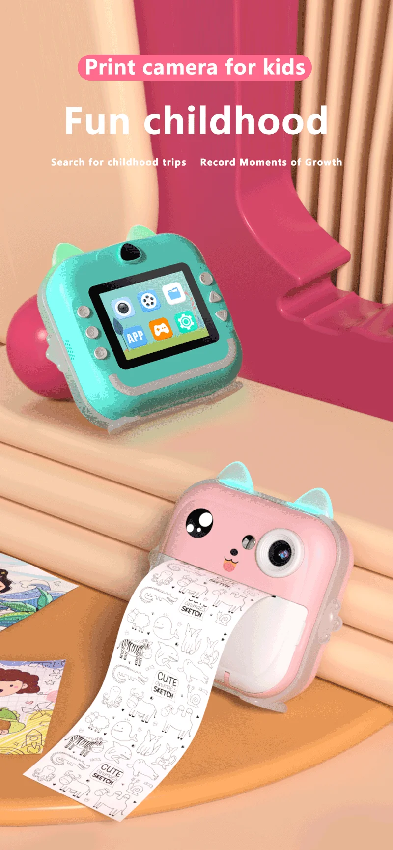 Fotocamera Istantanea Per Bambini Con Stampa Termica – Schermo IPS 2.4'', 1080P, Giochi, Musica, Selfie, APP WalkPrint – Regalo 3-12 Anni