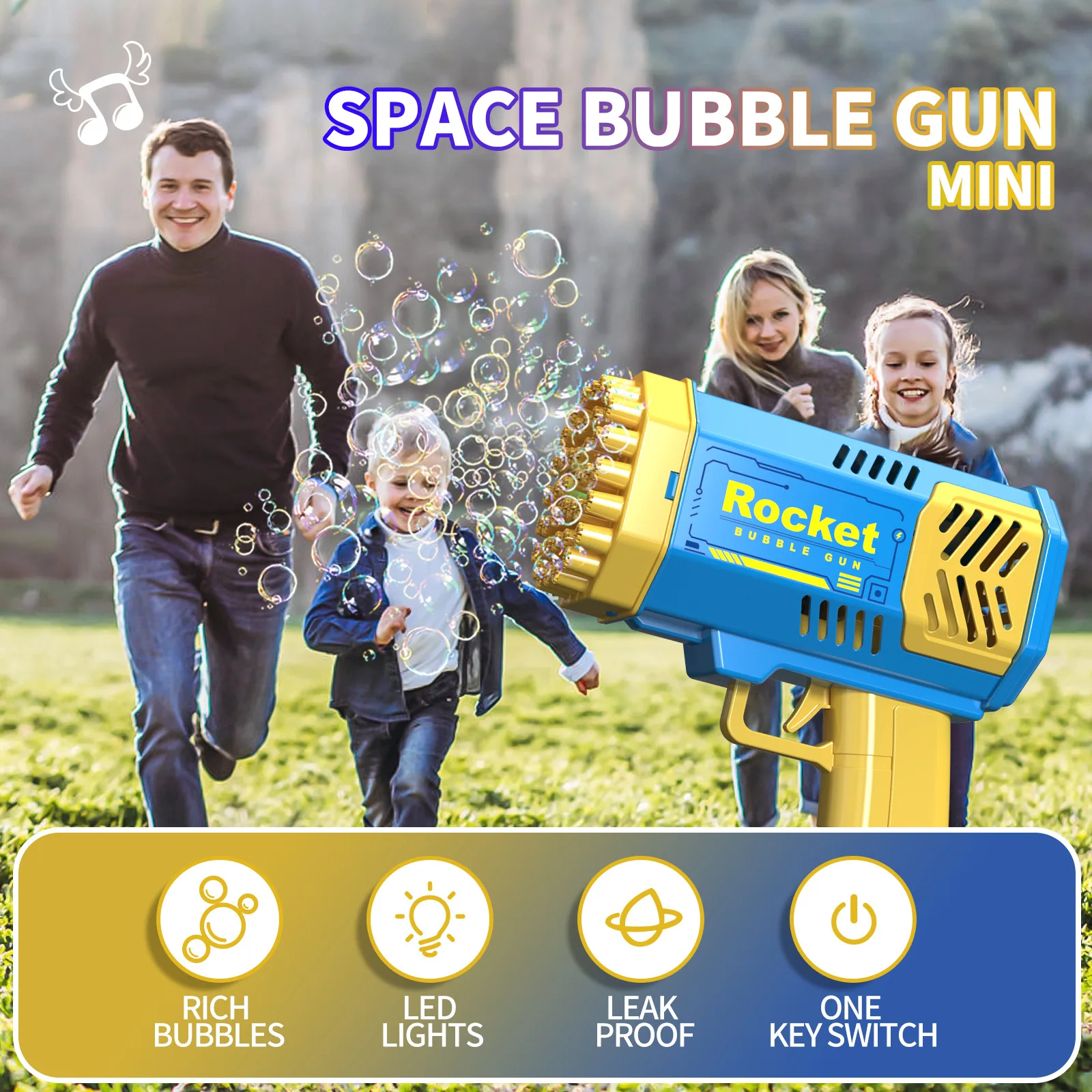 Astronauta das crianças muitos buracos lançador de foguetes portátil elétrico automático bolha arma led luz para meninos e meninas ﻿