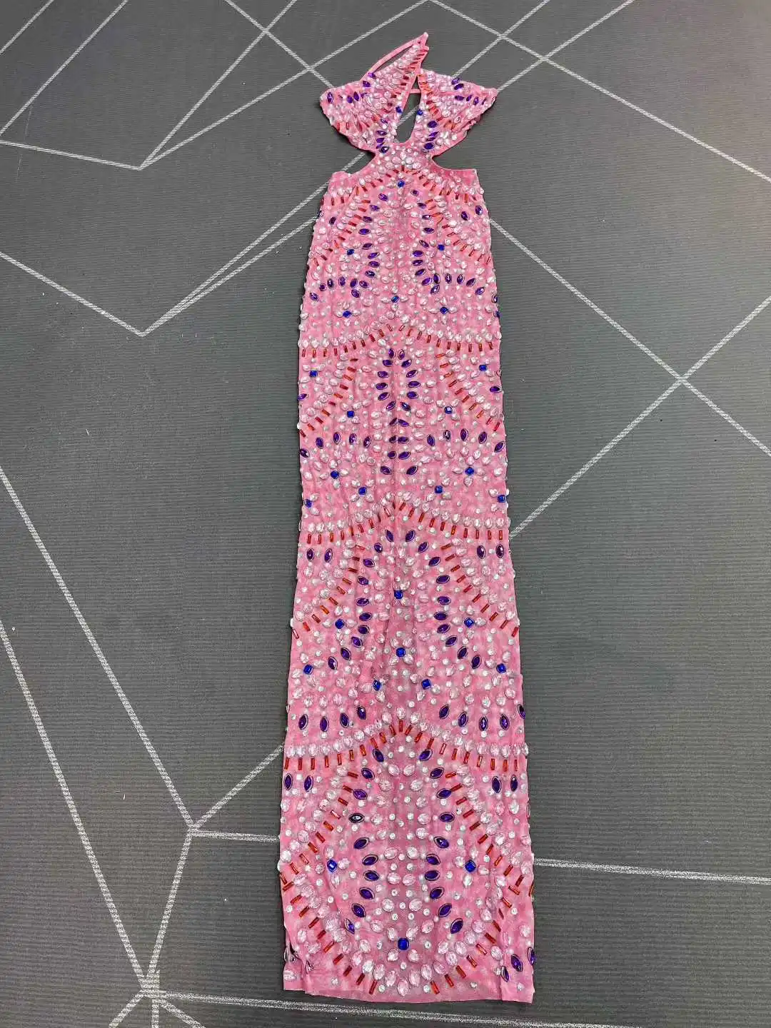 Strass brilhantes malha rosa transparente sem costas vestido longo feminino sexy aniversário celebrar noite vestido de baile sessão de fotos wear