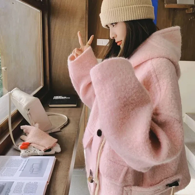 الوردي مقنعين المحاصيل معاطف صوفية المرأة عادية شيك القرن أزرار الحلو سميكة أبلى الكورية فضفاضة طويلة الأكمام مكتب سيدة جديدة بلايز #5