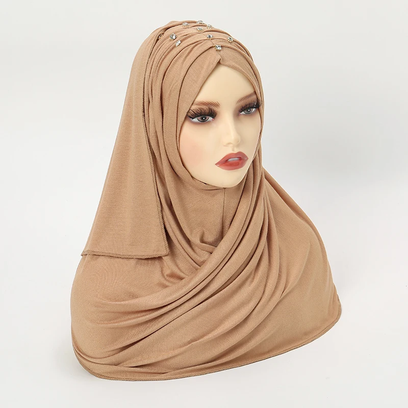 

Wholesale Premium Jersey One-loop Instant Hijab Good Stitching Muslim Women Head Wrap Islam Turban Rhinestone Pinless Hijabs