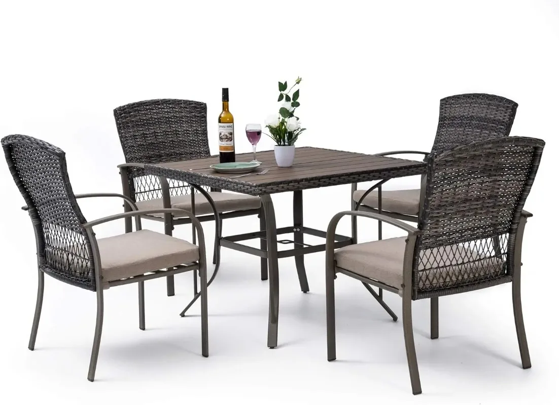 Outdoor 5-Piece Patio Dining Set, Weather Resistant PE Rattan Table and Chairs, Comfortable Cushions