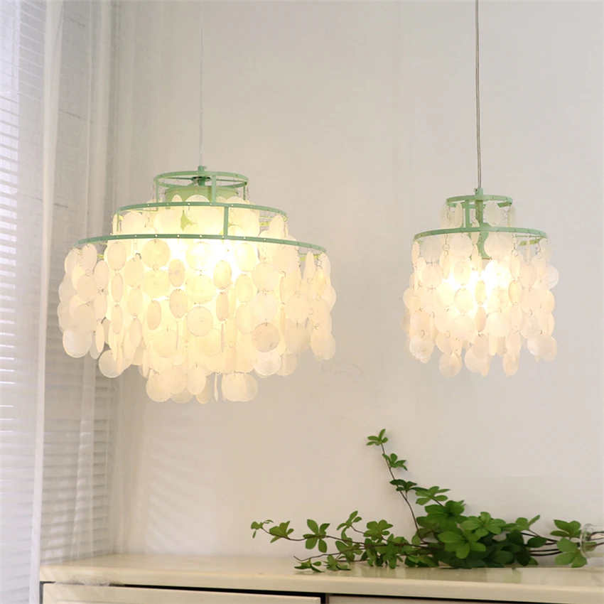 Green Mediterranean shell pendant lights bedroom dining room chimes princess cream kids lamp french decoration LED hanging light