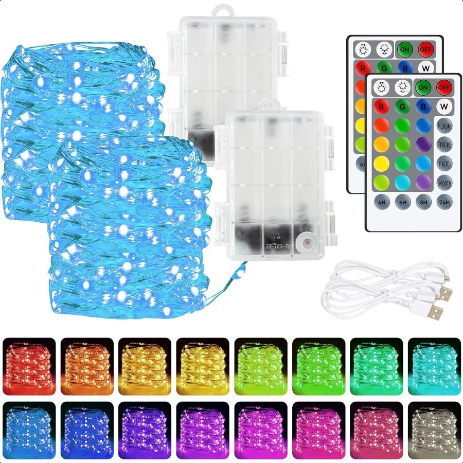 

Dazzle Bright Color Changing Fairy Lights Battery Operated 2 Pack Total 40FT 120LED Sier Copper Wire RGB String Lights with Rem