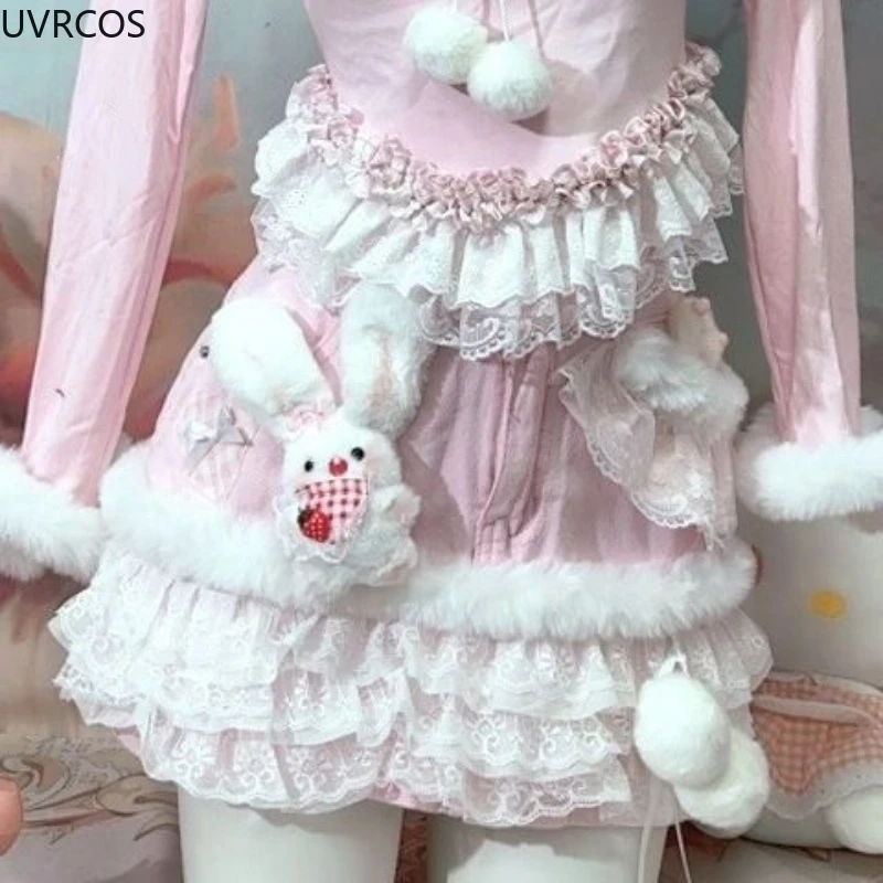 Kawaii Cute Lolita Skirt Sets Women Swweet Love Strawberry Bunny Long Sleeve T-shirt Tops Y2k Cake Skirt Suit Pink Two Piece Set