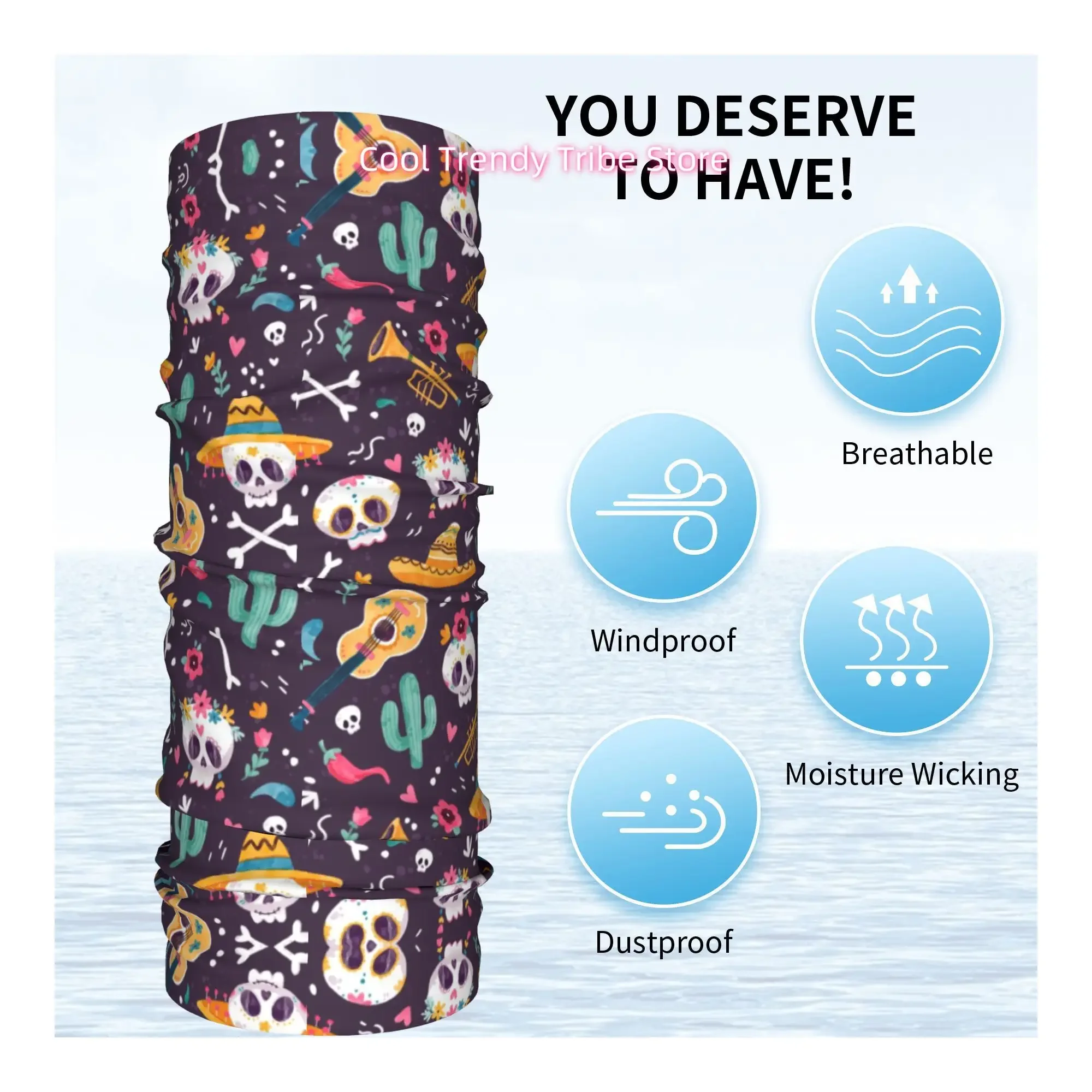 Women' Mexican Day of the Dead Sugar Skull Head Scarf Bandana - Boho Floral Hair Wrap & Headband Suitable for Summer Beach, Retr