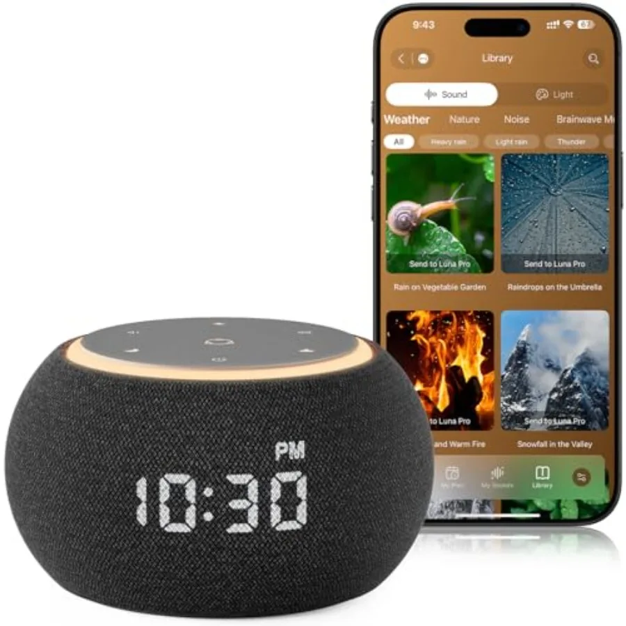 

Будильник Hotmoon с функцией звуковой машины для сна Luna Pro, двухступенчатый будильник, 507 расслабляющих звуков, умный ночник и таймер, розовый