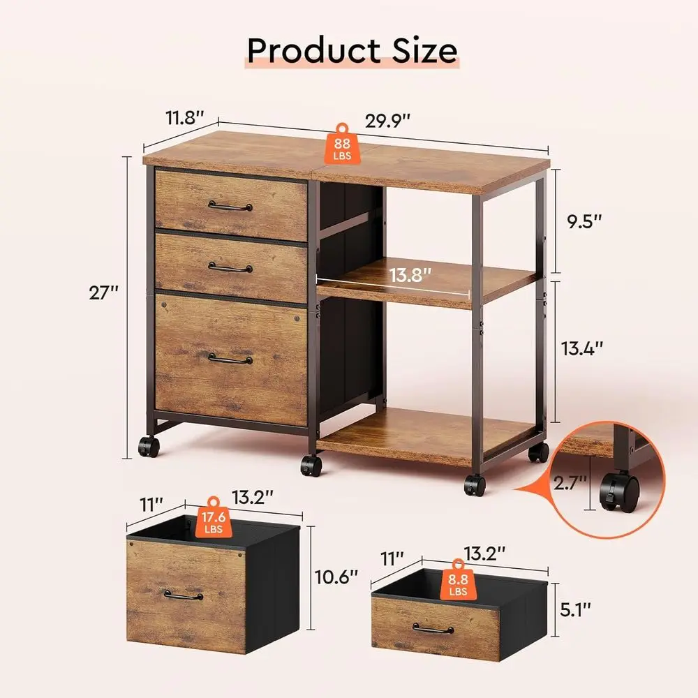 Rustic Brown 3-Drawer File Cabinet on Wheels with Printer Stand and Open Shelf for Home Office