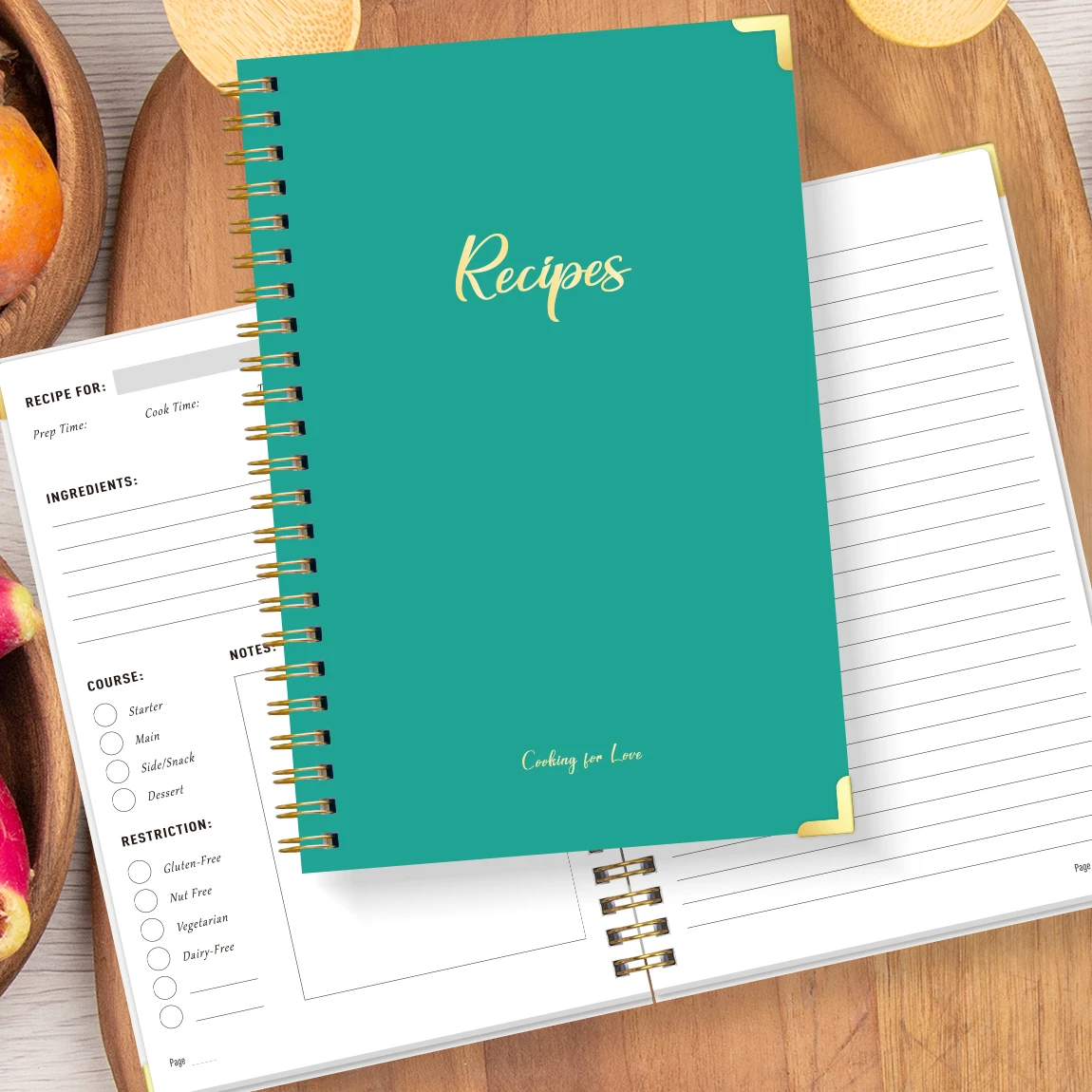 Libro de recetas A5, diario de cocina en espiral con ingredientes, direcciones, cursos, razones y notas, planificador de comida de tapa dura para cocina
