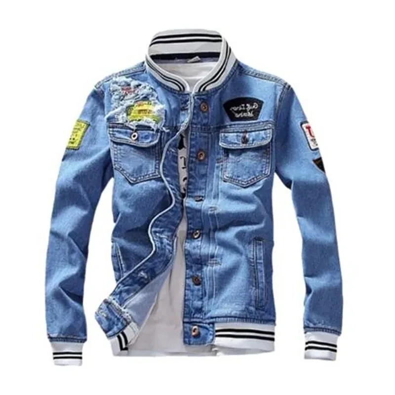 

Denim Jacket Men Sportswear Outdoors Male Streetwear Spring Casual Slim Fit Stand Collar Pilot Jackets