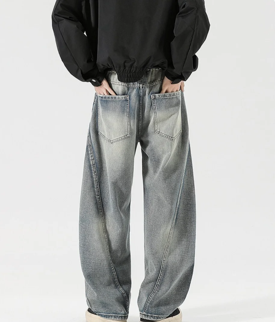 2026 Vintage Scimitar Jeans Men's Washed Fleece Wide Leg Pants Old High Street Sickle Banana Pants Men's Work Trousers