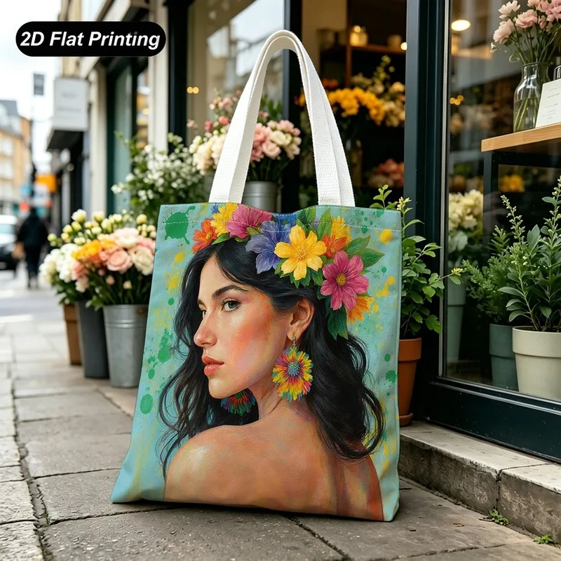 Tote Bag Bohemian Floral Female Portrait Print Lightweight Large Capacity Suitable Student Bag Women Daily Travel Handbag