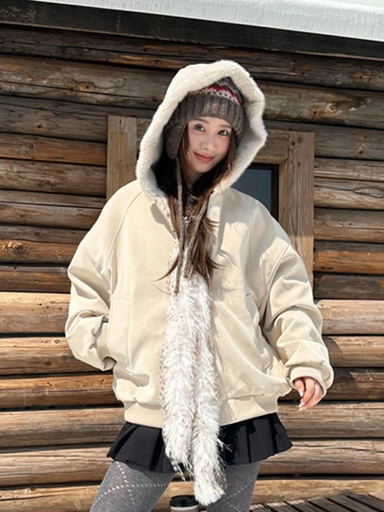 Słodki płaszcz zimowy damski ze skóry PU i bawełny z futrzanym kołnierzem, wzór Orła Górskiego, wyściełany długi płaszcz...