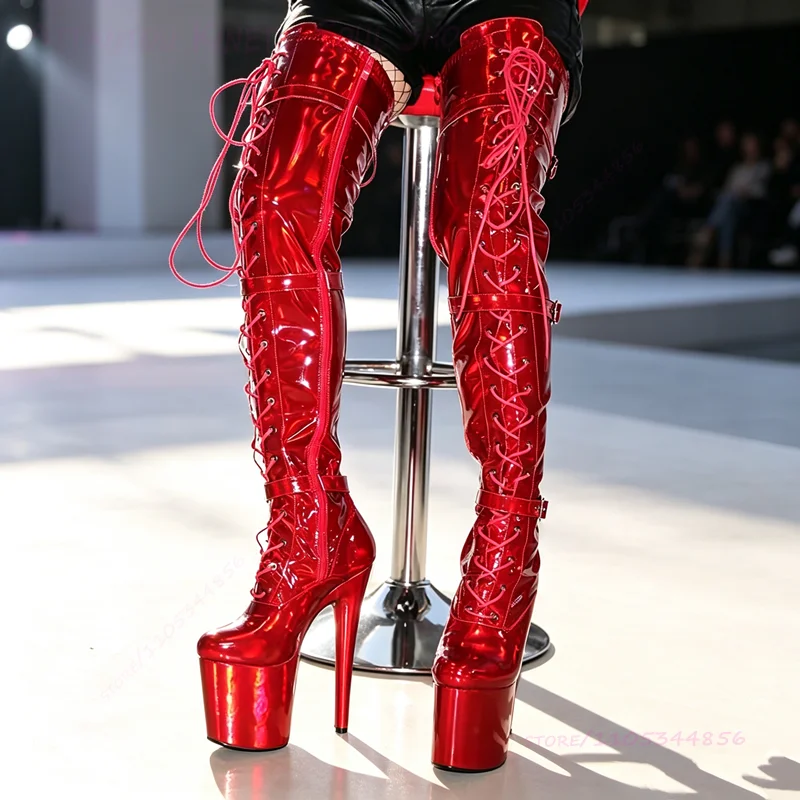 Red Shiny Patent Mirror Thigh High Boots Laces 20cm 8 Inch Zipper Heels Women Platform Stiletto Heels Elastic Straps Sexy Shoes