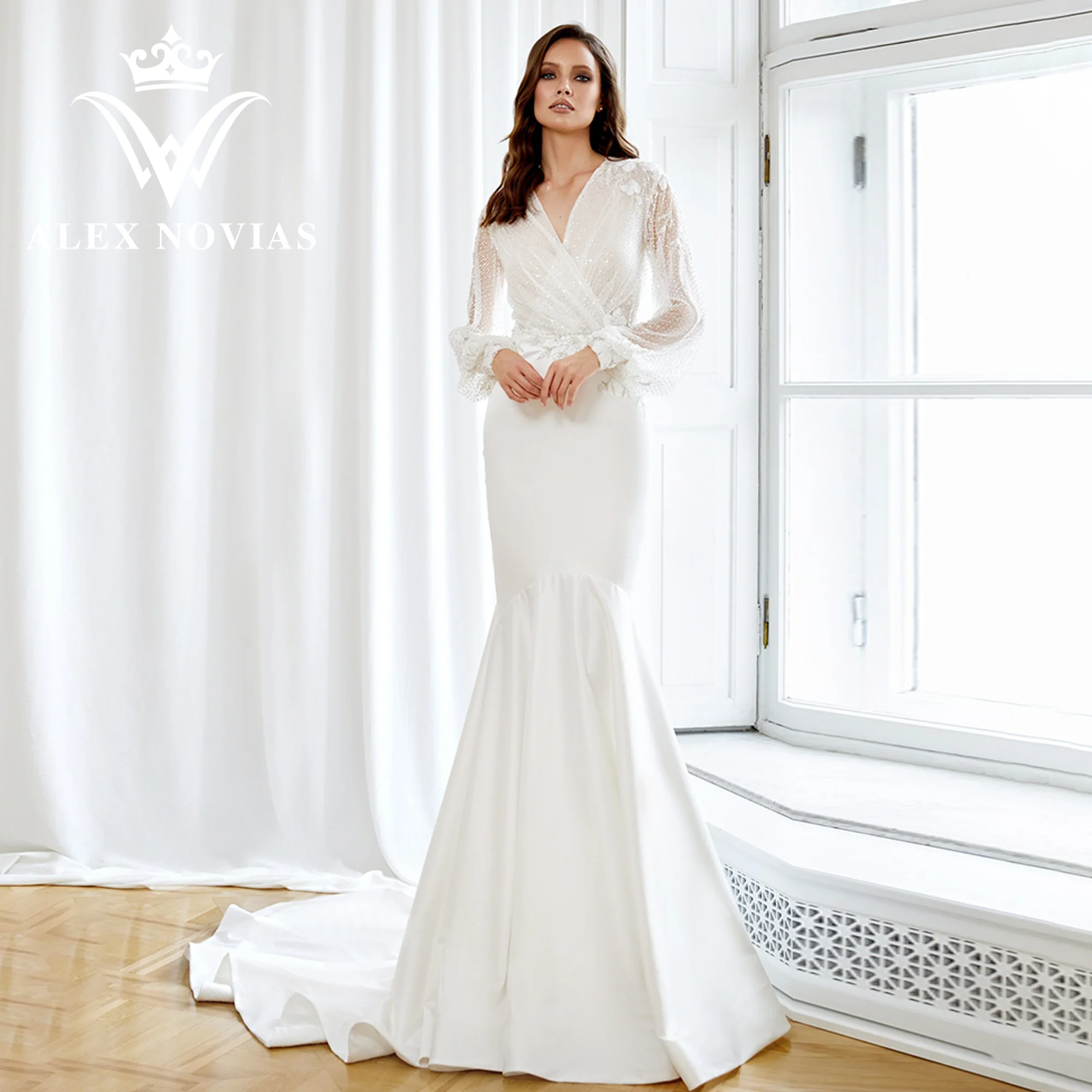 

ALEX NOVIAS Mermaid Wedding Dress 2023 Sparkling Long Sleeve Embroidery Illusion Flowy Soft Satin Dress Vestidos Novias De Saten