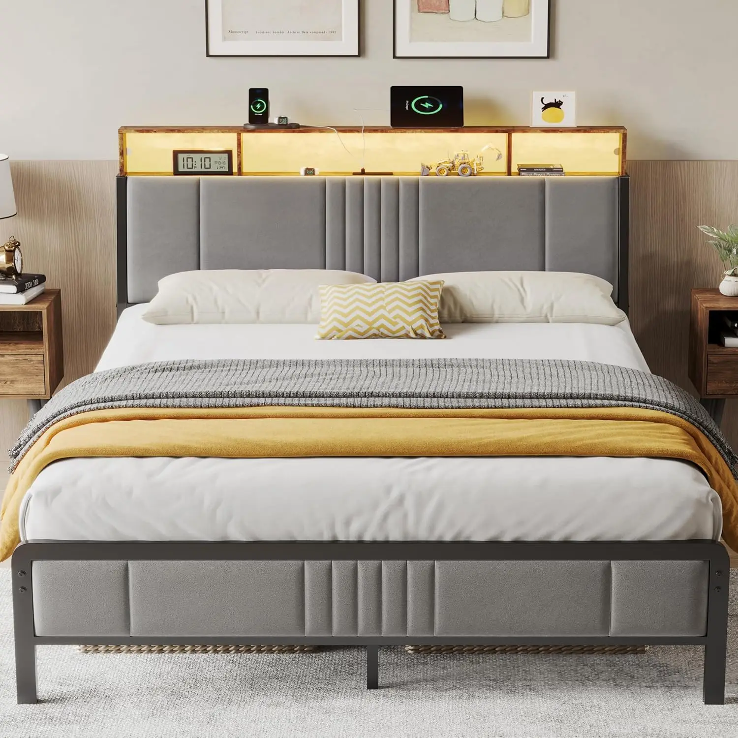 

Queen Bed Frame with Storage Headboard, LED Lights, Charging Station & Easy Assembly - Gray