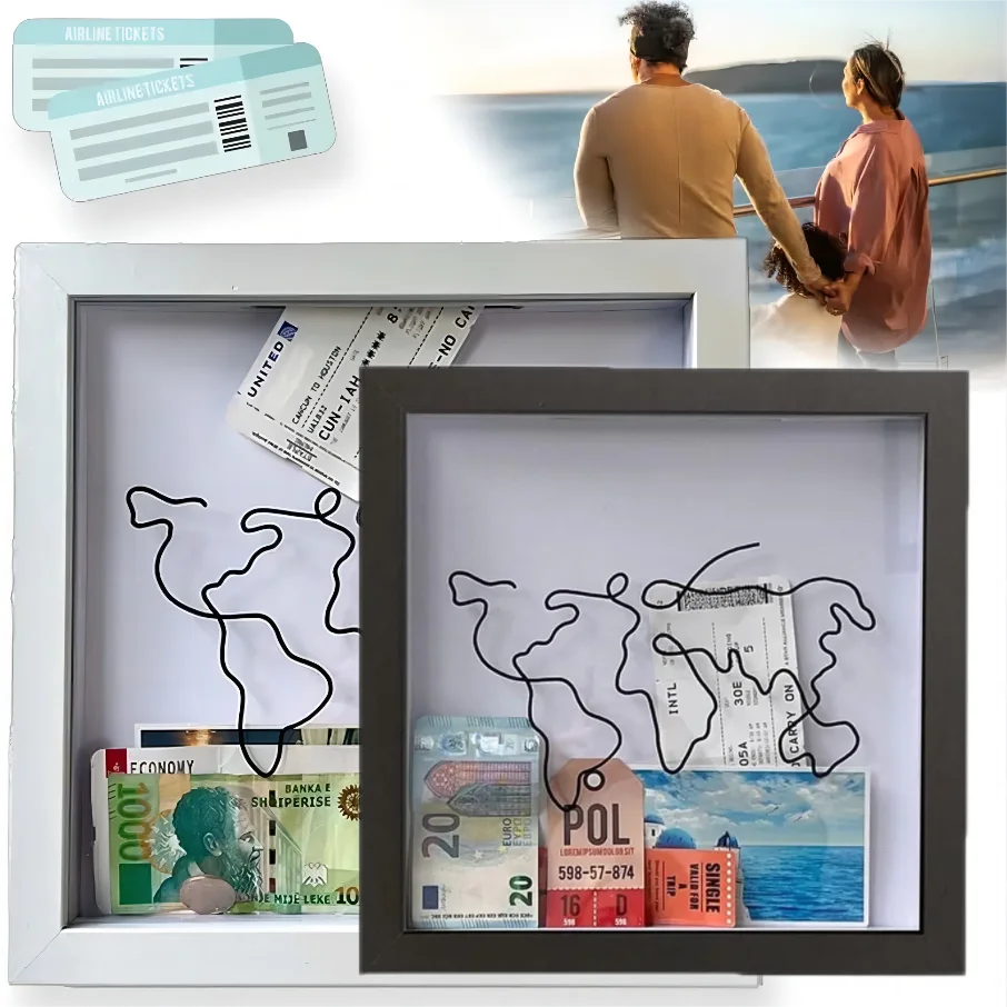 Adventure Archive Box Ticket Shadow Box with SlotMemory Boxes for Keepsakes Ticket Holder with World Map and Plane Design