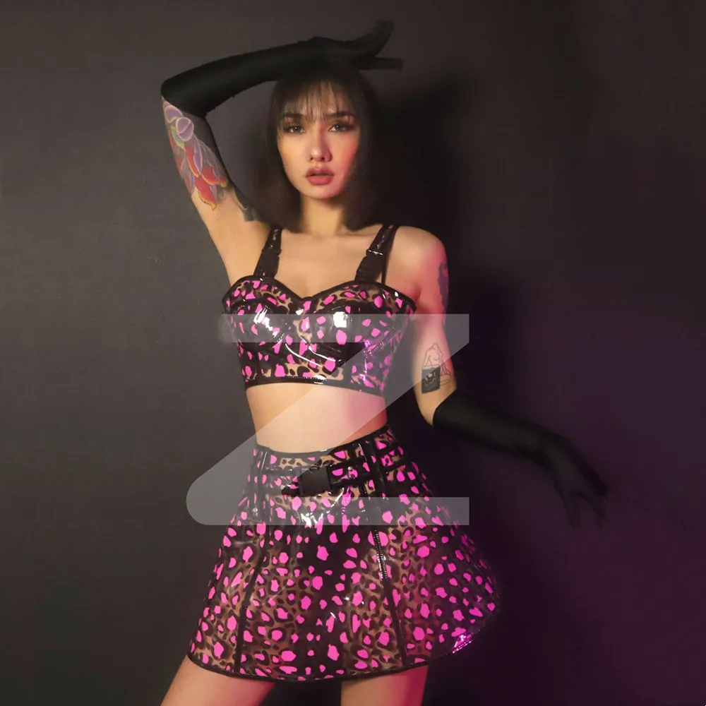 Cute Leopard Colorful Laser Sexy Gogo Dance Costume Women DJ Dancer Team Bar Nightclub Performance Clothes Festival Rave Outfits