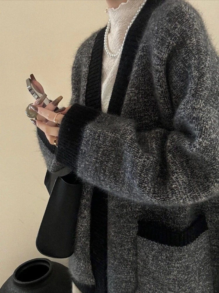 

Contrast Color Patchwork Cardigan Women Vintage Loose Knitted Grunge Dark Grey Coats Y2k Aesthetic Autumn Pocket Sweater Jacket