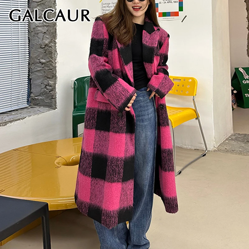 

GALCAUR Plaid Hit Color Women Wool Coat Lapel Long Sleeve Loose Spliced Buttons Office Fashion Coats Female Korean Style Clothes