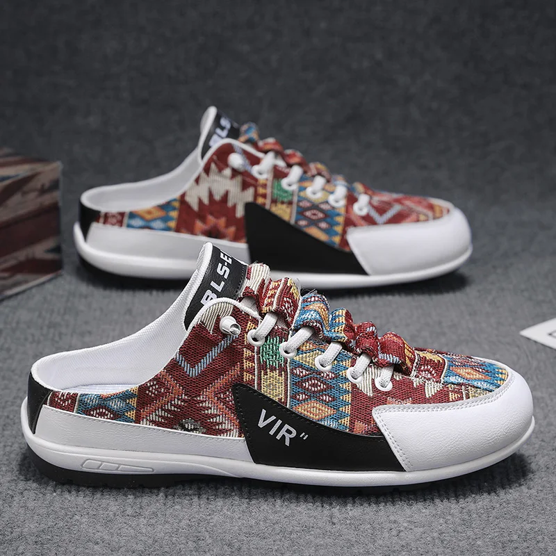 2025 Summer Cloth Backless Slip on Flats Loafers Slipper Half Shoes For Men Mules Man Slides Mens Semi-Drag Casual Shoes