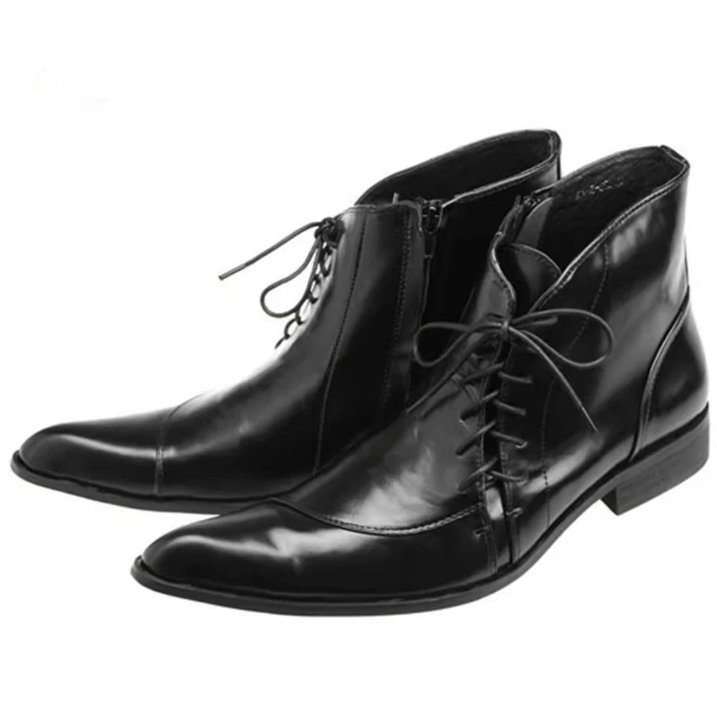 Fashion Men Black Leather Ankle Boots Pointed Toe Side Cross-Tied Chelsea Boots Gentleman Formal Dress Business Shoes