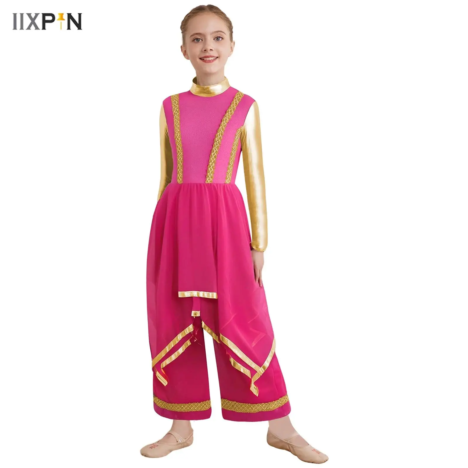 

Kids Girls Worship Liturgical Dancewear Long Sleeve Gold Trim Metallic Color Block Irregular Hem Dance Dress with Wide-Leg Pants