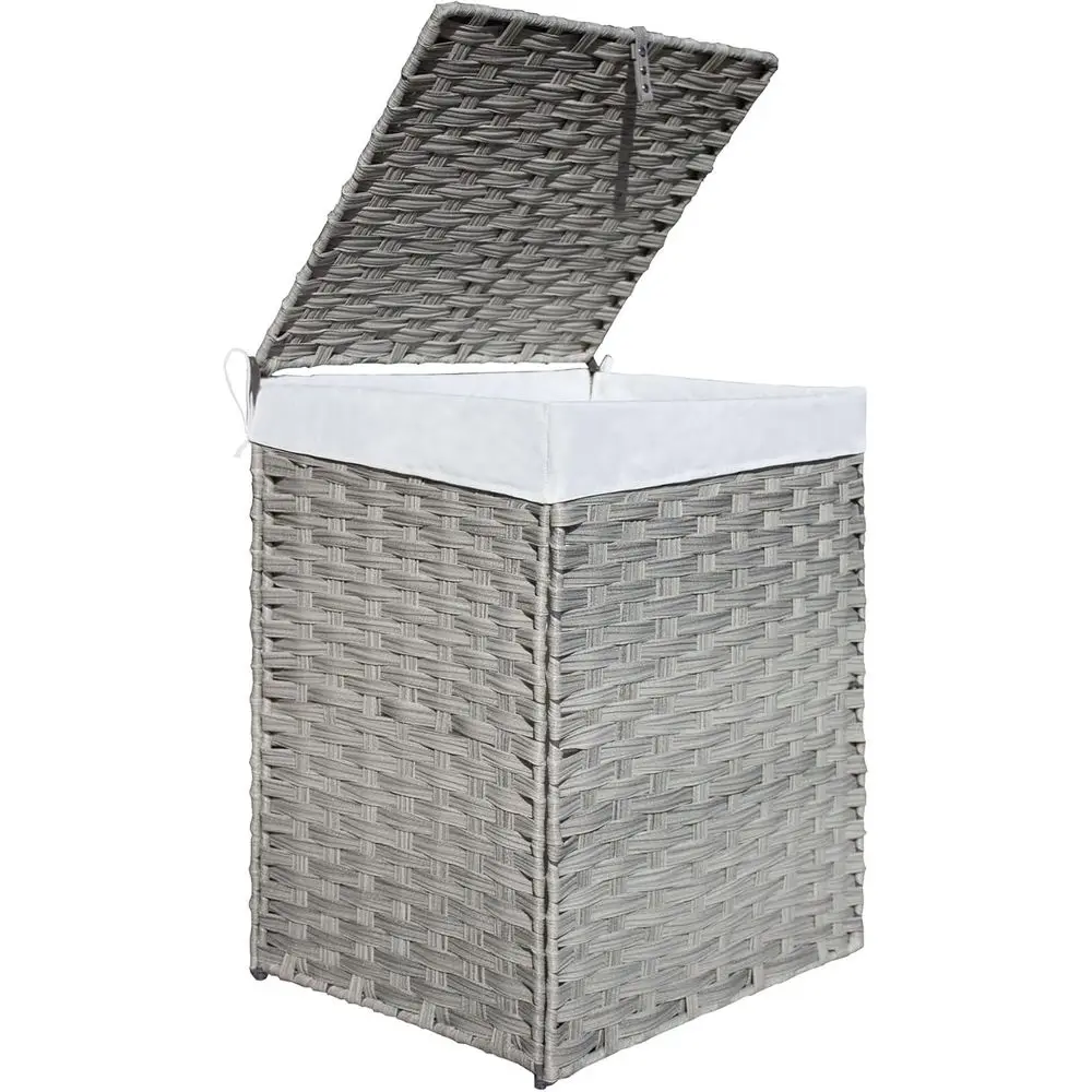 

Gray Rattan Laundry Hamper with Lid, 34 Gal Dual-Section, Removable Liner, Large Basket for Clothes & Bathroom Use