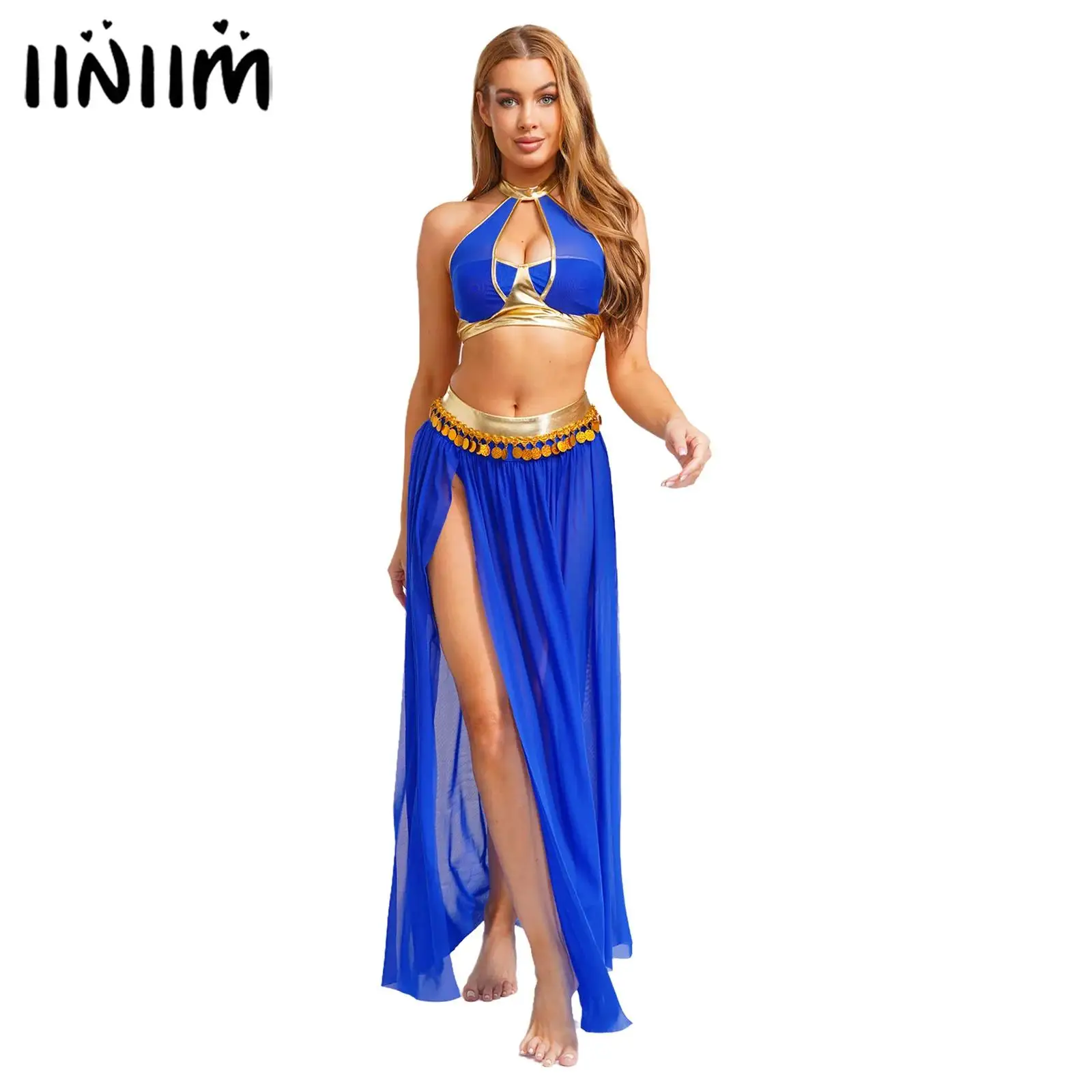 

Womens Oriental Indian Princess Cosplay Costume Halter Backless Crop Top And Split Mesh Skirt with Sequin Tassel Belly Dancewear