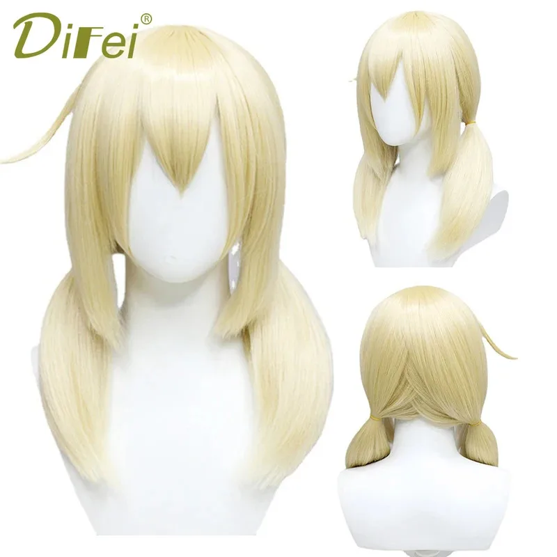 Peluca sintética juego Genshin Impact Spark Knight-Klee Cosplay dibujos animados pelo liso esponjoso doble cola de caballo peluca capucha